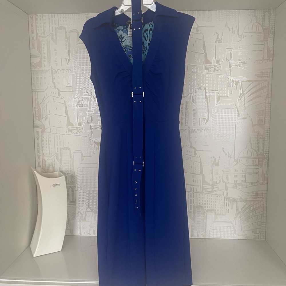 Cache Contour Collection Blue Sleeveless Below Knee V-Neck Pencil Dress Size 8